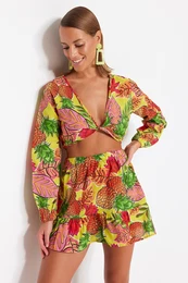 Fruit Patterned Woven 100% Cotton Blouse and Skirt Suit