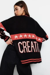 Black Wide Fit slogan Podrobna pletenina Cardigan