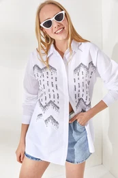 Women's Geometric White Stamp Detail Oversize Shirt