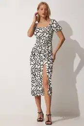 Happiness stanbul Women's Black and White Gathered Wrap Summer Knitted Dress