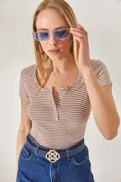 Women's Striped Beige Snap-On Camisole Blouse