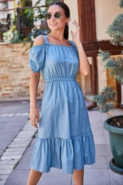 Women's Indigo Dress with Elastic Waist, Straps