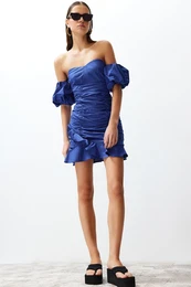 Blue Limited Edition Draped Mini Poplin tkana obleka Tkana obleka
