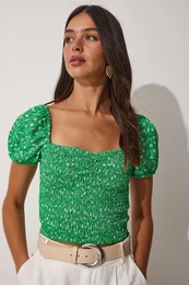 Happiness stanbul Women's Green Floral Gathered Carmen Collar Crop Knit