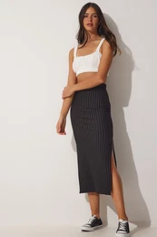 Happiness stanbul Women's Black Pinstripe Knitted Pencil Skirt with Slits