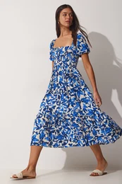 Happiness stanbul Women's Blue Floral Patterned Summer Viscose Dress