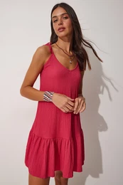 Happiness stanbul Women's Dark Pink Tied Strap Summer Knitted Dress