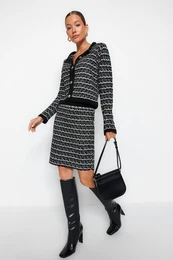 Black Knitted Detailed Soft Textured Cardigan-Skirt Knitwear Bottom-Top Set