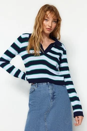 Navy Blue Crop Color Block pulover za pletenine
