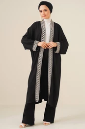5865 Embroidered Knitted Long Kimono - Black