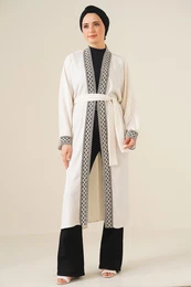 5865 Knitted Long Kimono with Embroidery - White