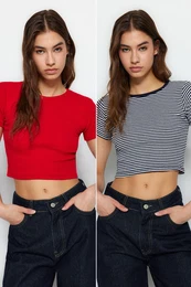 Navy Blue Striped-Red Plain 2-Pack Fitted/Simple Crop Corduroy Knit Blouse