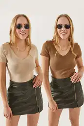 Women's Camel-Stone V Neck Short Sleeve 2-Pack Set Blouse