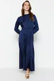 Indigo Brit podrobna veerna obleka v tkanem satenu