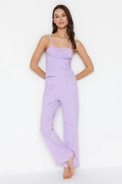 Lilac Polka Dot Cotton Rope Strap Knitted Pajama Set