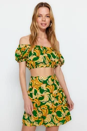 Fruit Patterned Woven Ruffle Blouse Beach Skirt Set