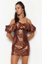 bronasta pletena teksturirana elegantna večerna obleka