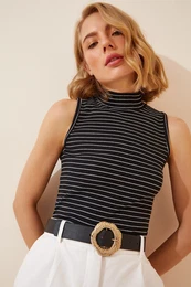 Happiness stanbul Women's Black and White Turtleneck Cotton Knitted Blouse