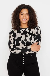 Curve Multicolored Patterned Bodycone/Fits Body Ribbed Knit Plus Size Blouse