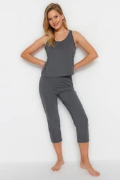 Anthracite Cotton Halter Collar Undershirt-Capri Knitted Pajama Set