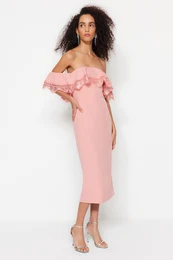 Dusty Rose, uklopljena tkana flounce elegantna veernja haljina