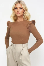 Trend Alaat Stili Women's Biscuit Ruffled Shoulders Half Fisherman Sweater