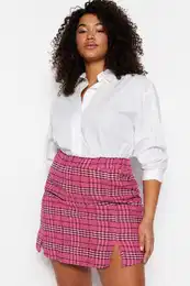 Curve Fuchsia Plaid Tweed Mini Woven Plus Size Skirt