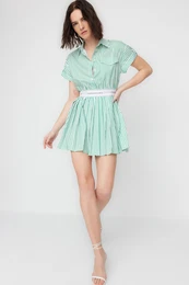 X Sagaza Studio belo-zelena elastina detajlna poplin obleka