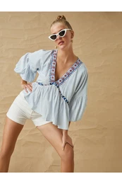 Embroidery Detailed Blouse V-Neck with Balloon Sleeves