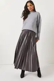 Anthracite Leather Look Pleat A-Line Skirt