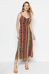 Multicolored Patterned A-Cut Strap Midi Lined Woven Dress