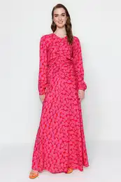 Fuchsia Flower Patterned Woven Dress with Stitch Detail on the Waist