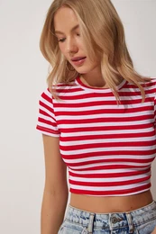 Happiness stanbul Women's Red White Striped Crop Knitted T-Shirt