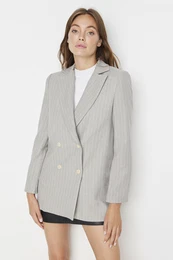 Gray Regular Lined Double Breasted Blazer with Closure