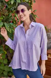 Women's Lilac Pocket Loose Linen Shirt