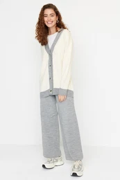 Gray Stripe Detailed Cardigan-Pants Knitwear Set