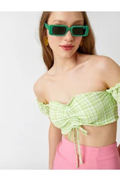 Off Shoulder Plaid Drawstring Undershirt