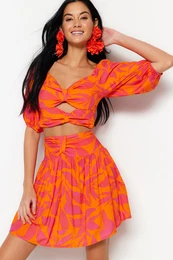 Floral Pattern Woven Cut Out/Window Blouse and Skirt Set