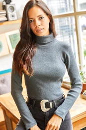 Women's Anthracite Turtleneck Raised Camisole Sweater