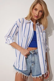 Happiness stanbul Women's Blue White Striped Oversize Long Cotton Shirt