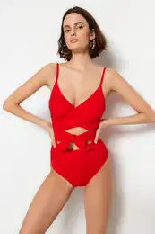 Red Double Breasted Cut Out/Windowed Regular Leg Swimsuit