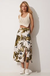 Happiness stanbul Women's Green Cream Patterned Slit Knitted Skirt