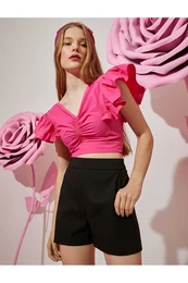 Draped Flounce Bow Detailed Crop Poplin Blouse