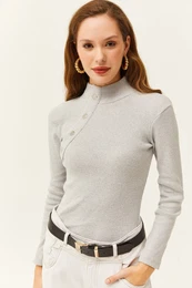 Women's Gray Button Detailed Half Turtleneck Lycra Blouse