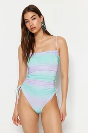 Gradient Patterned Strapless Draped Glitter High Leg Regular Swimsuit