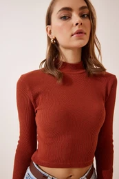 Happiness stanbul Women's Tile Ribbed Turtleneck Crop Knitted Blouse