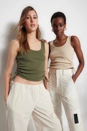 Khaki-Beige 2-Pack Gathered Detailed Pool Neck Ribbed Elastic Knitted Undershirt
