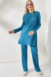 Women's Indigo Top, Slit Blouse Bottom Palazzo Corduroy Suit