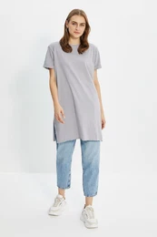 Grey 100% Cotton Basic Short Sleeve Slit Jersey Base Layer T-Shirt
