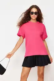 Fuchsia 100% Cotton Premium Oversize/Wide Fit Crew Neck Knitted T-Shirt